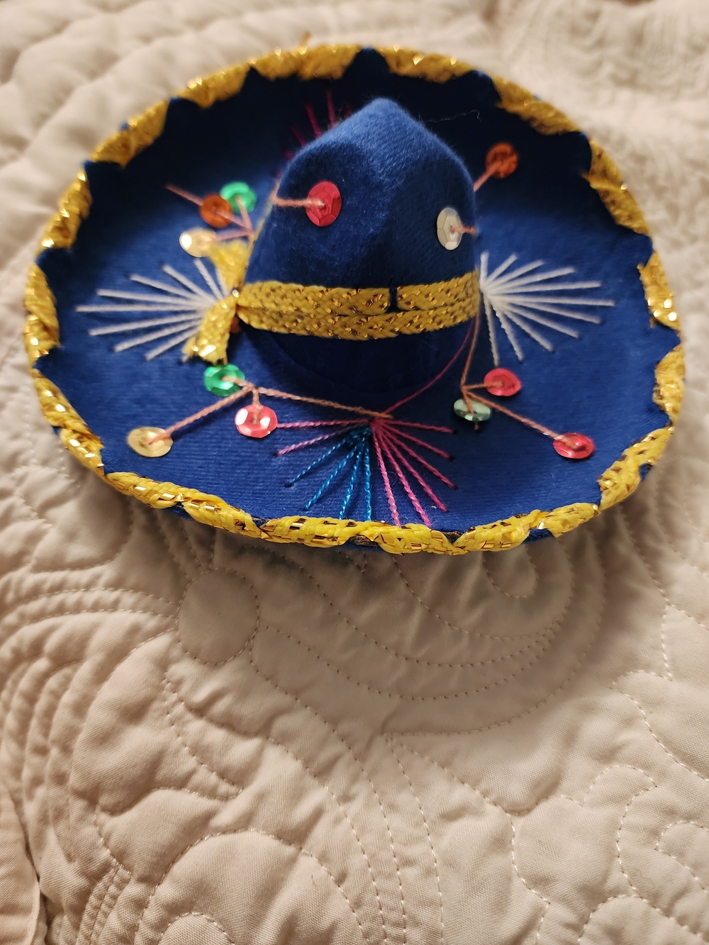 Blue Mini Sombrero Hat with Gold Trim and Multicolor Sequins Mariachi MEXICAN